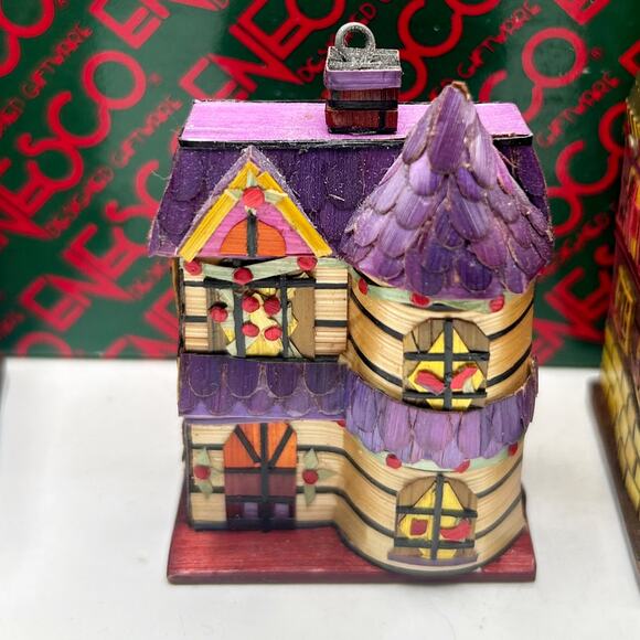 Vintage ENESCO Handcrafted Bamboo Straw Victorian House Ornament Set of 8 w/ Box - Picture 7 of 12